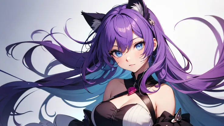 Anime girl character with purple flowing hair, blue eyes with cat ears and wearing a dress, with a background