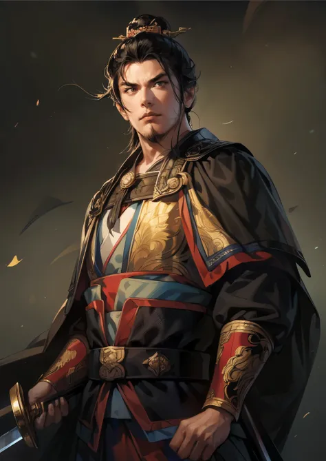 (((Maintain color ))), ((( picture style maintenance ))), (( Koei Three Kingdoms illustration style)), ((Maintain the composition)), san14:1.5,  Attractive Man ,  dark background , (( Natural Hands )), (( black hair)), General holding a sword