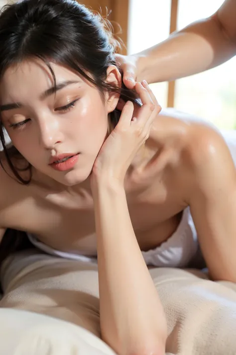 Woman getting oil massage while lying face down