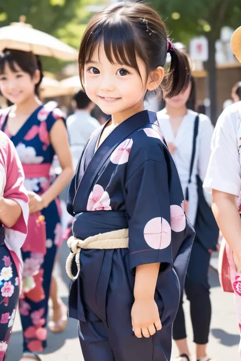  little young girl,black hair ,ピンクのyukata,ponytail ,Bon Odori,Summer Festival,morning, tight pants ,Standing in line,yukata, chubby