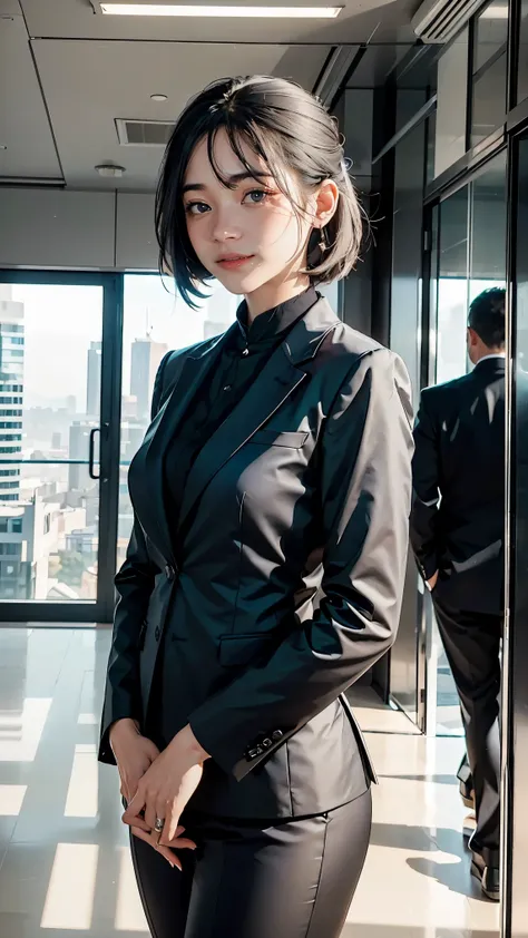 (highres,realistic) A middle-aged female in a suit, with a shrewd and cynical expression, standing confidently. She has (short, sleek) gray hair and (sharp, piercing) blue eyes. Her suit is (tailored, elegant) and exudes a sense of power and authority. Sur...