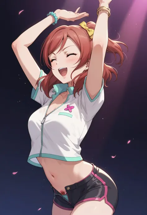 An image of Maki Nishikino wearing a tight short sleeve polo shirt wearing tight shorts with an open zip showing her pubic hair while singing and dancing. 