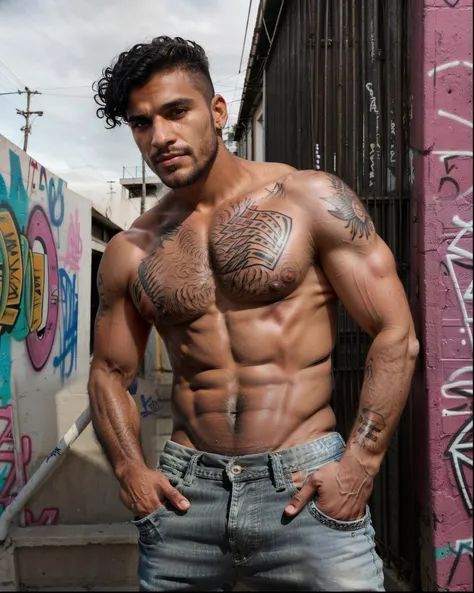 A close up photo of 29-year-old Brazilian man with a muscular build, tanned skin, and thick, curly black hair. He has dark brown eyes, a strong jawline, and a light layer of stubble. His body is shining and glistening because of sweat, highlighting his def...