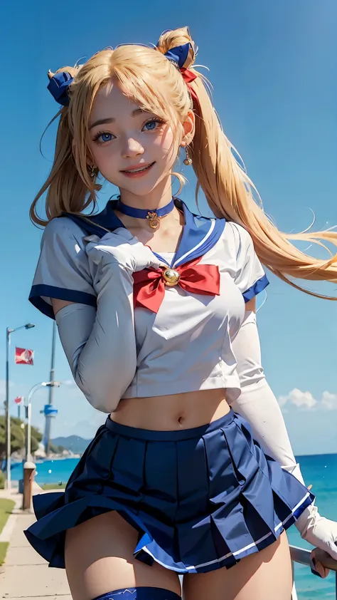 masterpiece, best quality, sailor moon,1girl, long hair,jewelry, sailor senshi uniform, blue sailor collar,blonde hair, red choker,white gloves, twintails, red bow, blue skirt, blue eyes, hair bun,