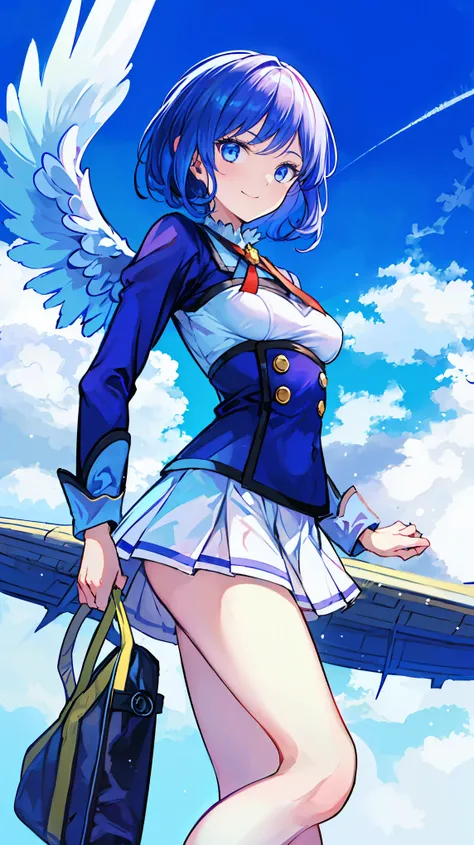  Masterpiece,  top quality,  photorealistic,  super detailed,  in detail,  Hi-Res,  8k wallpaper,  the background is white ， 1 beautiful woman，Angel Cosplay，The attitude of taking off into the sky ， extraordinary smile， perfect body，Wings on the back