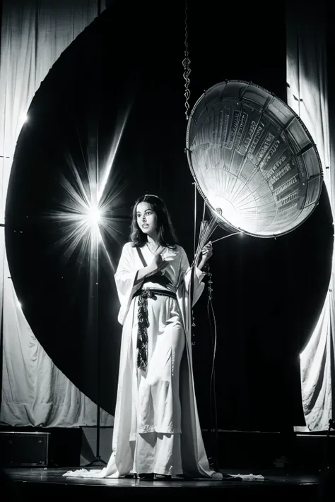  black and white photo of a 1920s woman with a mystical setting of exoteric theater with a large metal solar face on the stage, And a woman in white robes 