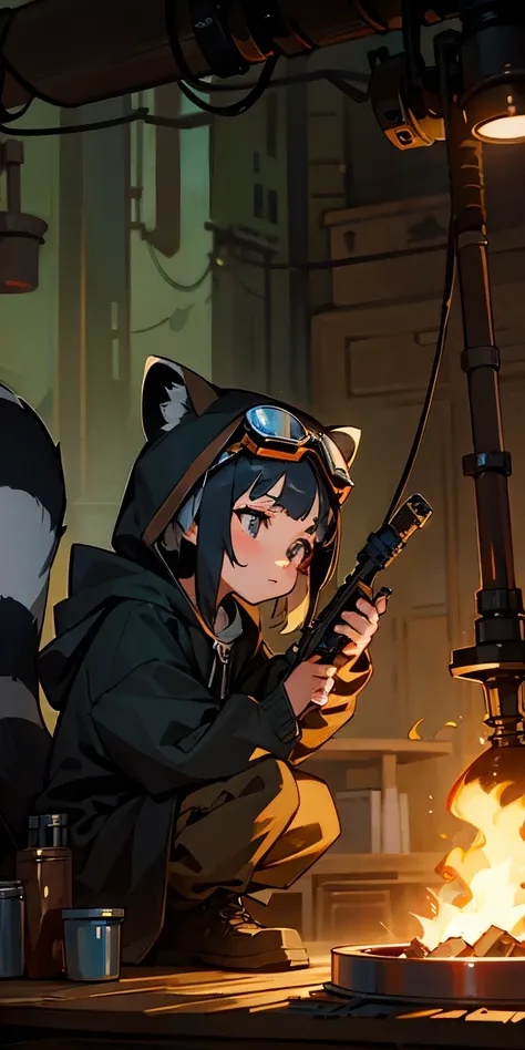 (best quality), (masterpiece), (ultra detailed), tarot, raccoon, raccoon girl, small raccoon tail, 1 girl, holding wrench, wearing hoodie, dirty face, welders goggles on head, tinkering, repairing machinery, workshop,