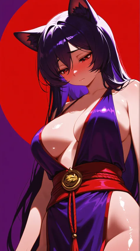 Kizi asian girl, Highly detailed, Amazing work，Vitreous luster, ((clean backdrop))，In purple，reds, blues, whites, Best quality at best, shiny skin, plunging neckline, cat girl, heavy blushing, no background, purple background, red background, sad, looking ...