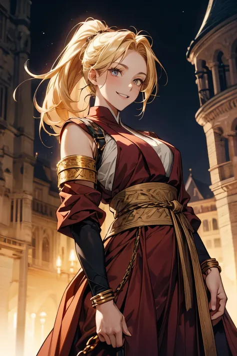  tall woman . Golden hair in a ponytail. dark eyes.  big smile. Fantasy monk costume . The forearm is covered with bracers. chains.