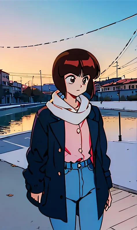 nabiki tendo manga bobs with winter clothes and blue jeans walking near naviglio river in boffalora city near milan