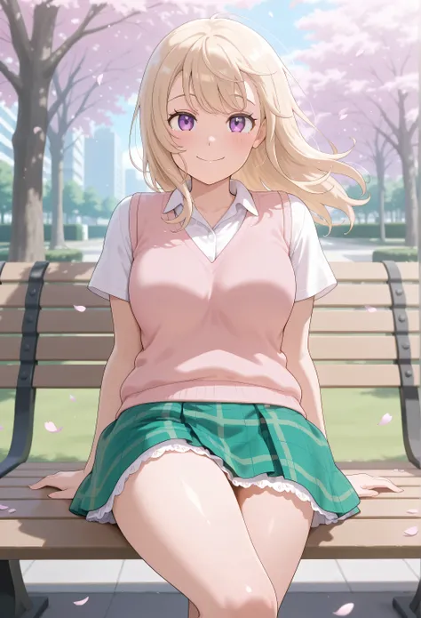 masterpiece,best quality,absurdres, amazing quality, shiny skin
tokyo \(city\), park, falling petals, cowboy shot, smile, looking at viewer, standing, wind, wind lift, skirt tug
 kawaiimona, 1girl, long hair, blonde hair, purple eyes, shirt, white shirt, c...