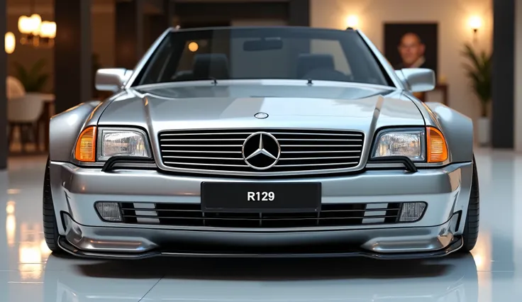 create an ultra-detailed 3D render close front bumper view , of a modern  1993 Mercedes SL R129 with a bold design captured from straight front bumper view. The car should feature a 'silver' exterior with a Mercedes logo on its front, a n ultra detailed gr...