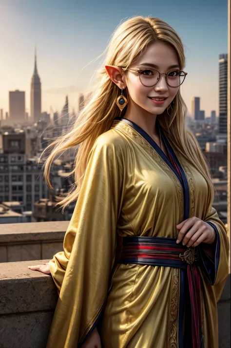 masterpiece, best quality, extremely detailed, hyperrealistic:1.1, photorealistic, a beautiful 20s woman elf, ultra detailed face, mystical, long hair, yellow hair, earrings, glasses, yellow emperor robe, standing, smiling, modern cityscape
