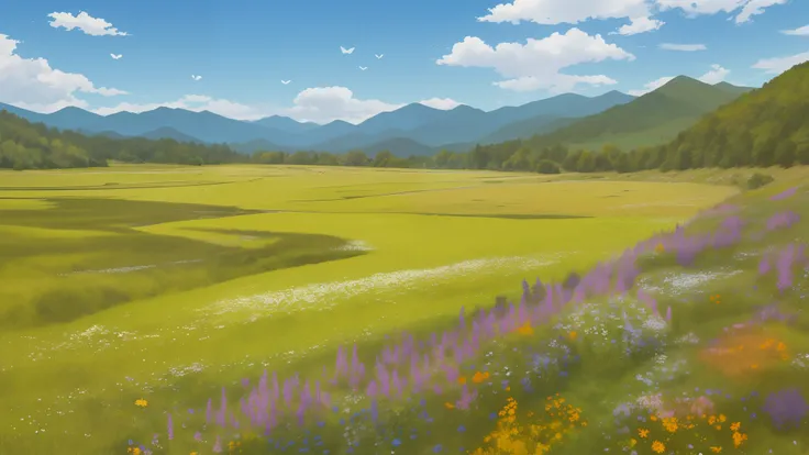 Distant scenery，Green mountains，clear blue skies，Flocks of birds fly in the sky，There are butterflies everywhere，Small river around，tussock，There are flowers on the ground，a warm color palette