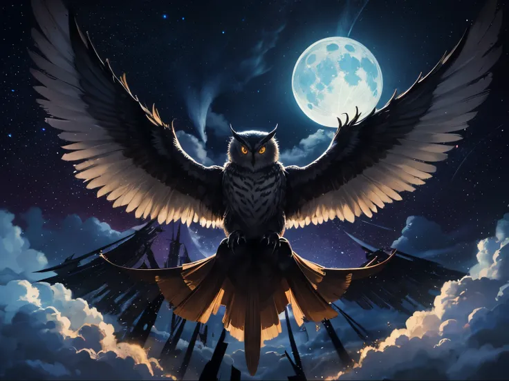 A majestic owl soaring through the night sky, its wings spread wide with two large, detailed wings as it glides above mist-covered forests and distant mountains. The moonlight illuminates its feathers and the stars twinkle around it. Maxim Verehin stained ...