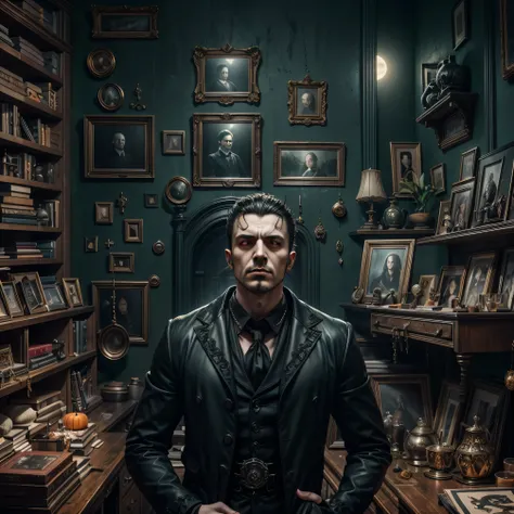 there is a man standing in a room with a lot of stuff, highly detailed vfx portrait, still from a music video, highly detailed vfx portrait of, he got a big french musctache, inspired by Pál Balkay, inspired by Alén Diviš, aykut aydogdu, inspired by László...