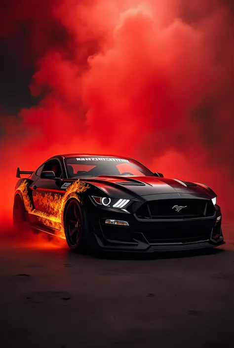 Ford mustang preto, with fire drawings on the side, Scenario filled with red smoke 