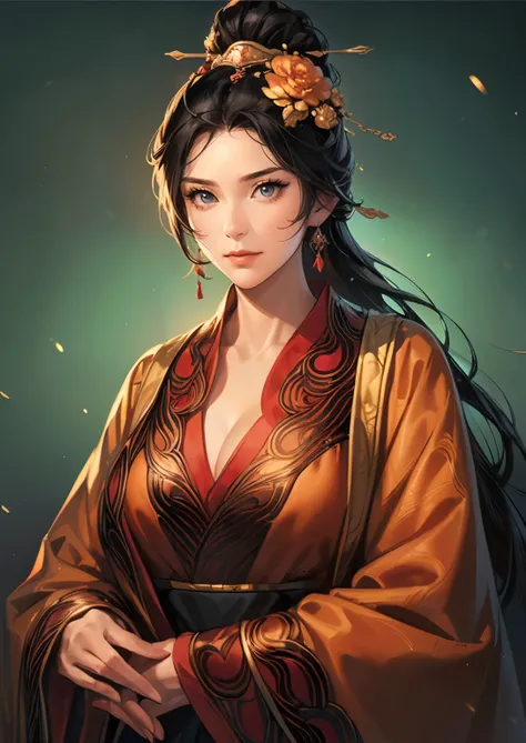 (((Maintain color ))), ((( picture style maintenance ))), (( Koei Three Kingdoms illustration style)), ((Maintain the composition)), san14:1.5,  attractive woman ,  dark background , (( Natural Hands )), (( black hair)),  Visible Chest Valley , (( Eyes loo...