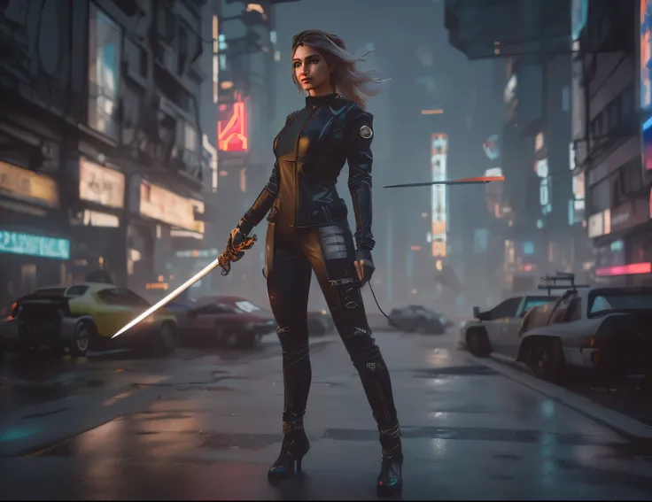 there's a woman in black , woman holding a sword ,  cyberpunk art hyperrealistic 8k ,  heroic pose , Colourful Urban Lighting, Artstation 4k ,  3D render ,  character art , 8k,  cyberpunk 2 0 years old . about model girl, cyberpunk beautiful girl, female c...