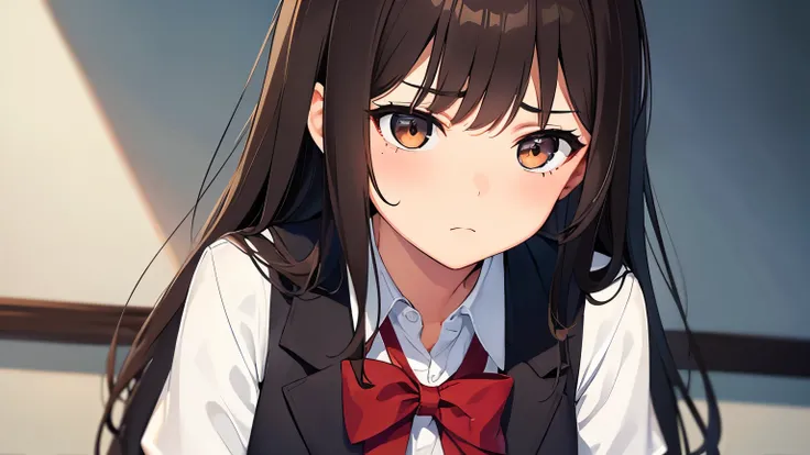 (( Top Quality )), ( Excellent )), ( Details )), One girl, dark brown long hair, medium breasts, dark brown eyes, sad face, wearing high school uniform