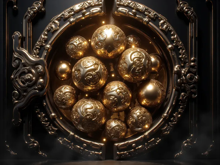 Golden Round Balls, Beautiful patterned latch, Golden light,  Golden Aura, Balls in diamonds,  Morning Sun, black background, realistic, cinematic, masterpiece, Chakjen Details,  8k resolution.