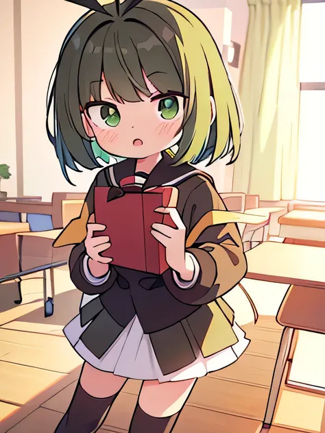 One person facing the front holding a box of high-resolution chocolate with both hands near the mouth, round face, short hair, bob, stupid hair, antenna hair, yellow-green hair, green hair, green eyes, sailor suit, black skirt, black skirt, black stockings...