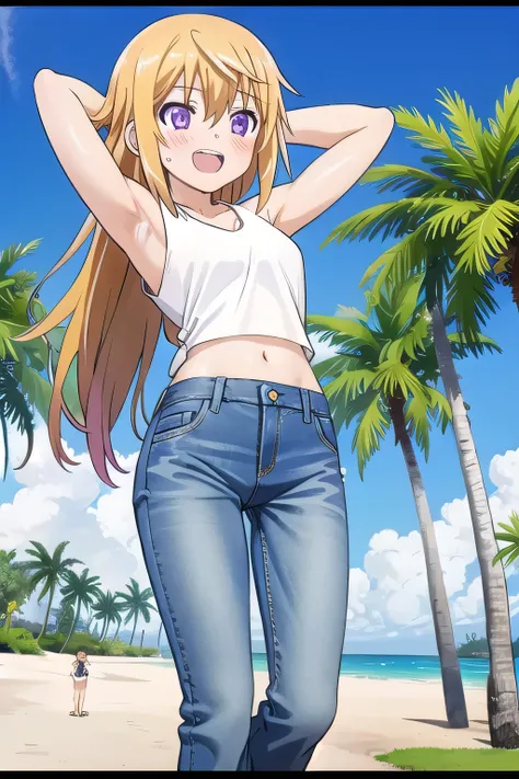 masterpiece,best quality,ultra detail, 1girl, 14yo, petite, ((round face, ecstasy, orgasm face, drooping eyes, shame smiling, blush)), dropping eyes, sleepy, Open mouth, ((White teeth)), background((under the beach, (day:1.2), palm tree, bright sky)), char...