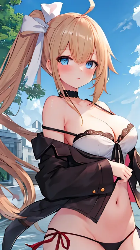   Best Quality ,  masterpiece,  high resolution, Speak _girlsfrontline， long_hair, blue_eyes, side_ponytail, breasts, bangs, ribbon, bow, ahoge, blush, large_breasts, cleavage, collarbone, Blonde_hair, hair_ribbon, blue_bow, very_ long_hair, brown_hair, ha...