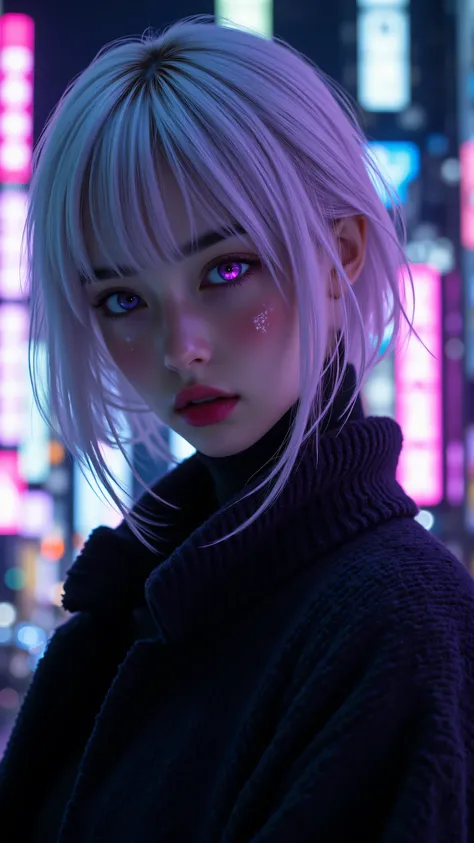 8k, masterpiece, highest quality, Korea's Beautiful Women, short white hair, glowing purple eyes, futuristic implants, neon city background, dystopian atmosphere, digital art, highly detailed, moody lighting, sci-fi aesthetic, hyper-realistic, 3D rendering...