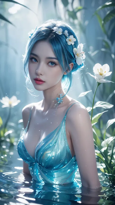 beauty with blue hair and flowers floating in water, beautiful beauty, beautiful digital illustration, beautiful artwork illustration, beautiful digital artwork, beautiful gorgeous digital art, beautiful digital art, asian female water element, gorgeous di...