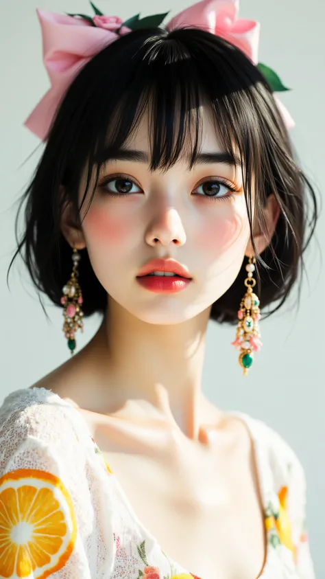 8k, masterpiece, highest quality, Korea's Beautiful Women, Portrait,  stylized, vibrant colors, black bob haircut with bangs, pink bow hairpiece, ornate green and pink gemstone earrings, red lipstick, rosy cheeks, delicate features, white dress with citrus...