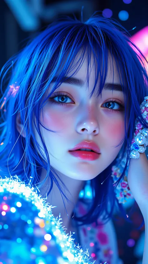 8k, masterpiece, highest quality, Korea's Beautiful Women, Ethereal, vibrant neon colors, blue hair, glowing eyes, sparkling makeup, colorful jewelry, luminous skin, dreamy atmosphere, digital painting, anime influence, magical realism, iridescent details,...