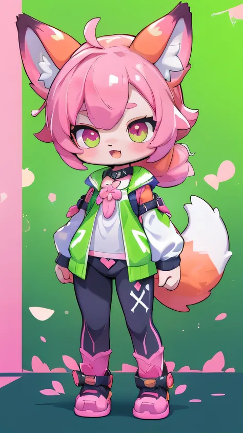 Female hairy rainbow fox , Fox Ears , a fox tail , wide hips , White Skin Body , full body, standing, chibi. (cyberpunk style), ( High Quality , thong, 8k, high resolution), ((estilo chibi, chibi cute)), ( alone, A girl ), { fox girl, Fox Face, 2 fangs , l...