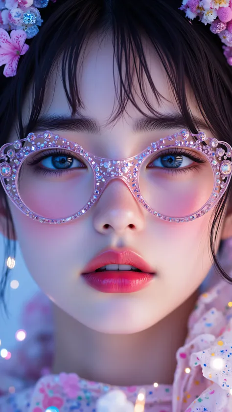 8k, masterpiece, highest quality, Korea's Beautiful Women, Close-up, pale, pink, purple, iridescent, sparkling, glitter, bright, blue, eyes, ornate, glasses, goggles, pearls, glittering, full, lips, bokeh, lights, pastel, flowers, abstract, magical, otherw...