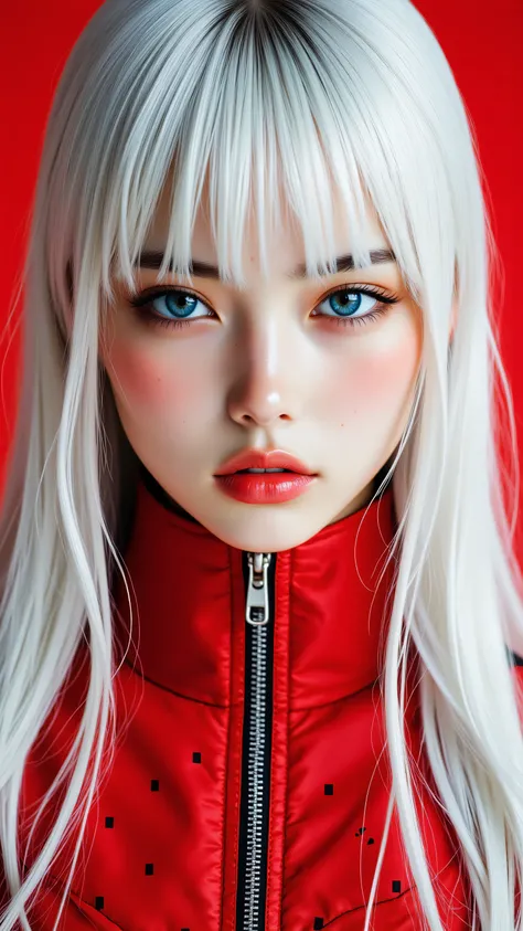 8k, masterpiece, highest quality, Korea's Beautiful Women, Close-up, frontal, straight-on, view, long, straight, white, hair, blunt bangs, blue eyes, stern expression, pale skin, facial markings, tattoos, red jacket, high collar, repeating pattern, small s...