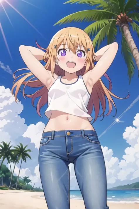 masterpiece,best quality,ultra detail, 1girl, 14yo, petite, ((round face, ecstasy, orgasm face, drooping eyes, shame smiling, blush)), dropping eyes, sleepy, Open mouth, ((White teeth)), background((under the beach, (day:1.2), palm tree, bright sky)), char...