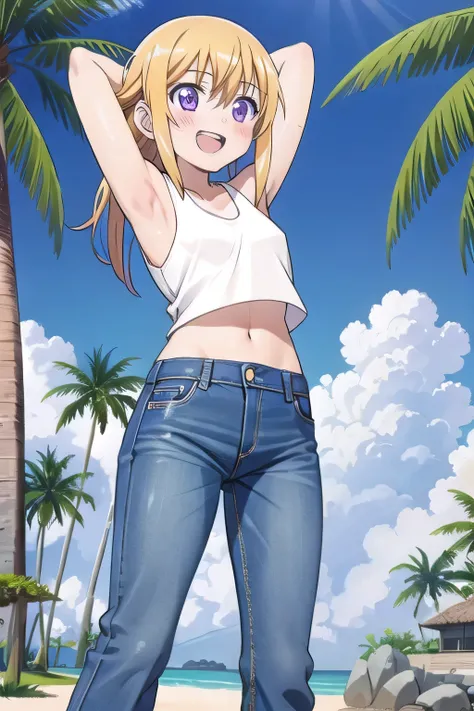 masterpiece,best quality,ultra detail, 1girl, 14yo, petite, ((round face, ecstasy, orgasm face, drooping eyes, shame smiling, blush)), dropping eyes, sleepy, Open mouth, ((White teeth)), background((under the beach, (day:1.2), palm tree, bright sky)), char...