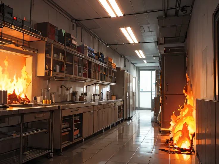 Laboratory hallway engulfed in flames
