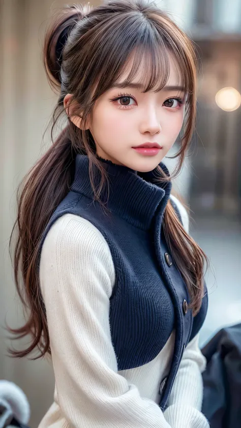 Snowy cityscape,Hair style: ponytail,wearing a deep navy blue winter coat with a fur-lined hood and cuffs. The coat is elegantly tailored, double-breasted with gold buttons, and has a slightly flared silhouette, giving it a stylish yet cozy look. She wears...