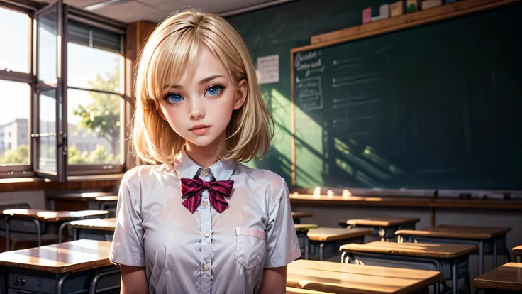 1girl, solo, single girl, young girl, Standing in a classroom, Cute blonde girl wearing revealing pink high-school uniform in classroom, sexy, petite, blue eyes, popular girl, standing in front of the chalkboard,
