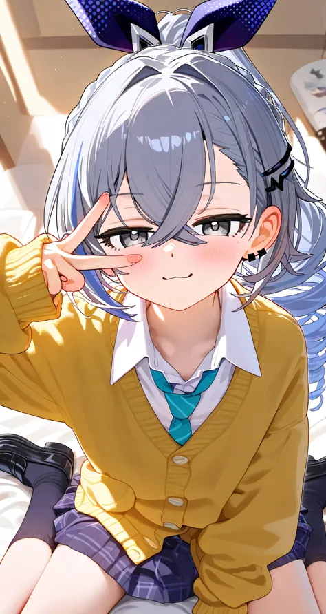 Silver Wolf, honkai star rail, smug, wariza, from above, looking at viewer, v over eye, oversized cardigan, school uniform 