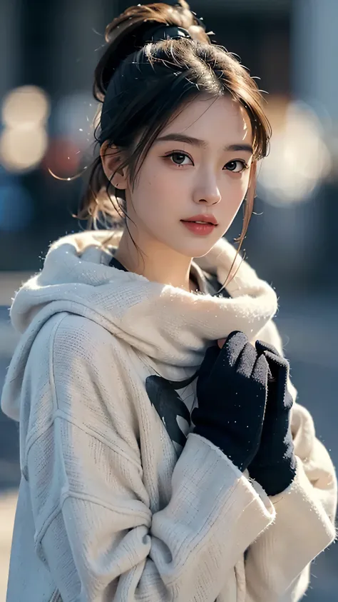 wearing a deep navy blue winter coat with a fur-lined hood and cuffs. The coat is elegantly tailored, double-breasted with gold buttons, and has a slightly flared silhouette, giving it a stylish yet cozy look. She wears a soft ivory-white knitted scarf wra...