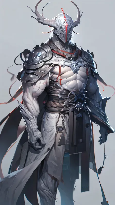 grey skin, muscle,humanoid monster, Ronin,mask,biomecanical, Giant, zoom in