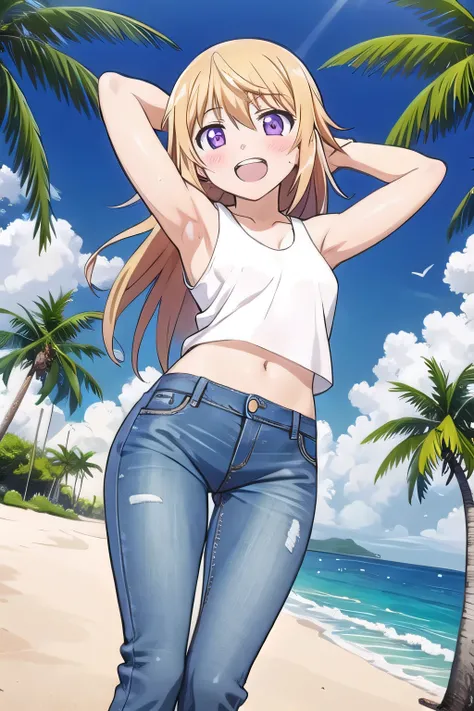 masterpiece,best quality,ultra detail, 1girl, 14yo, petite, ((round face, ecstasy, orgasm face, drooping eyes, shame smiling, blush)), dropping eyes, sleepy, Open mouth, ((White teeth)), background((under the beach, (day:1.2), palm tree, bright sky)), char...