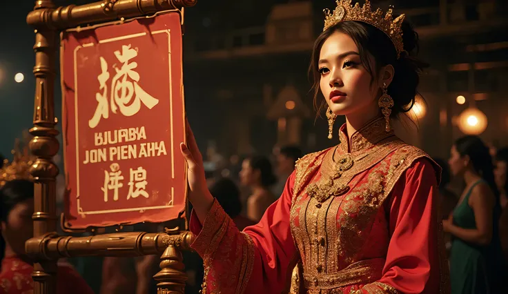 Magazine-style portrait of a stunning young Thai woman in an ornate, historically accurate Sukhothai dress, elegantly posing with a festival sign during Kamphaeng Phet’s Nop Phra Len Phleng celebration. The dramatic lighting and rich colors emphasize the b...