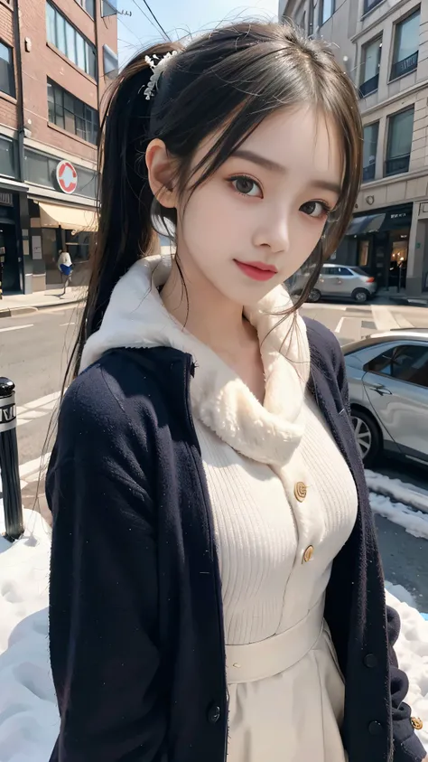 European Streets,Snowy cityscape,outdoors,Hair style: ponytail,wearing a deep navy blue winter coat with a fur-lined hood and cuffs. The coat is elegantly tailored, double-breasted with gold buttons, and has a slightly flared silhouette, giving it a stylis...