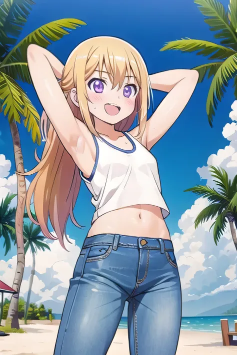 masterpiece,best quality,ultra detail, 1girl, 14yo, petite, ((round face, ecstasy, orgasm face, drooping eyes, shame smiling, blush)), dropping eyes, sleepy, Open mouth, ((White teeth)), background((under the beach, (day:1.2), palm tree, bright sky)), char...