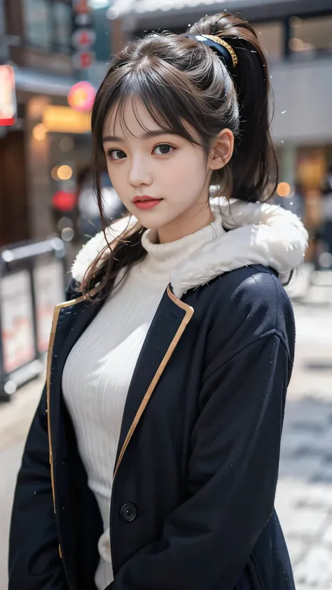 European Streets,Snowy cityscape,outdoors,Hair style: ponytail,wearing a deep navy blue winter coat with a fur-lined hood and cuffs. The coat is elegantly tailored, double-breasted with gold buttons, and has a slightly flared silhouette, giving it a stylis...