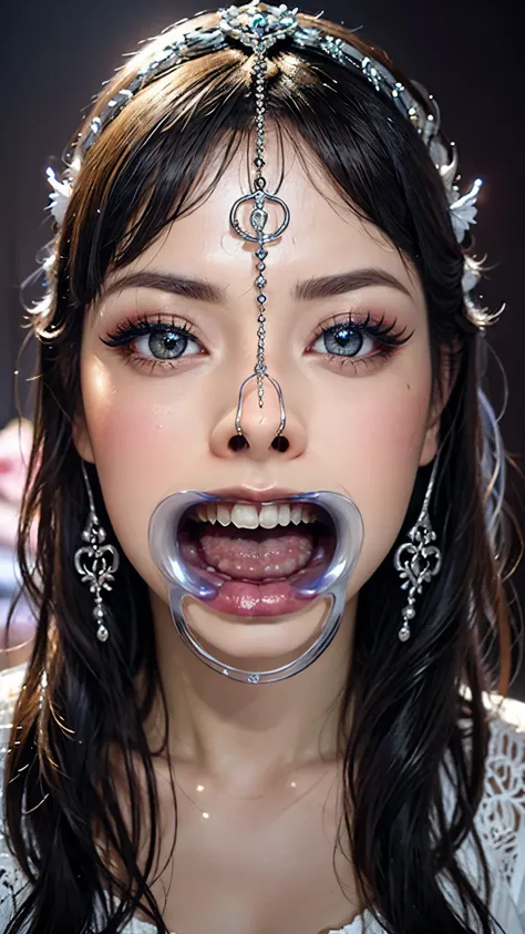 a beautiful young girl, extremely detailed eyes and face, ahegao, look up, long eyelashes, perfect white teeth,blue eyeshadow, nose hook piercing,super wide open mouth, elegant, delicate, serene, flawless white skin, ornate jewelry, detailed ornate headpie...