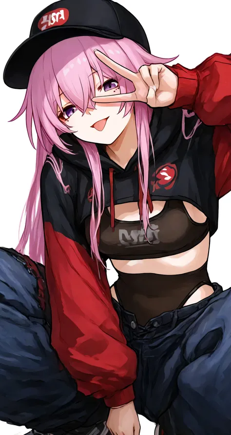 ((cropped hoodie:1.4)), black sports bra, ((leotard)), small breasts, baggy pants, silverWolf, honkai star rail, squatting, ヤンキー座り, v over eye, tongue, Trucker Cap